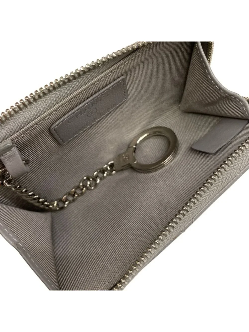 Chanel Coin Case Quilted Gray CC Logo Silver L-shaped Zipper with Key Ring